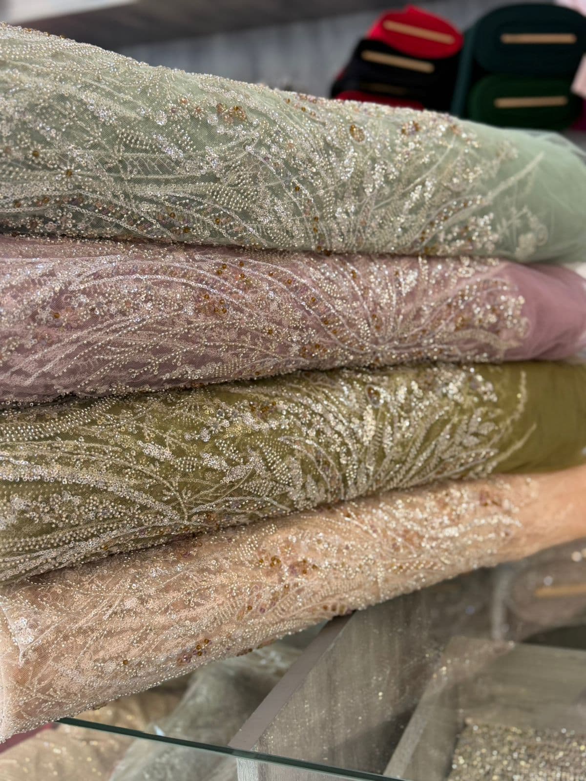 Floral beaded lace fabric