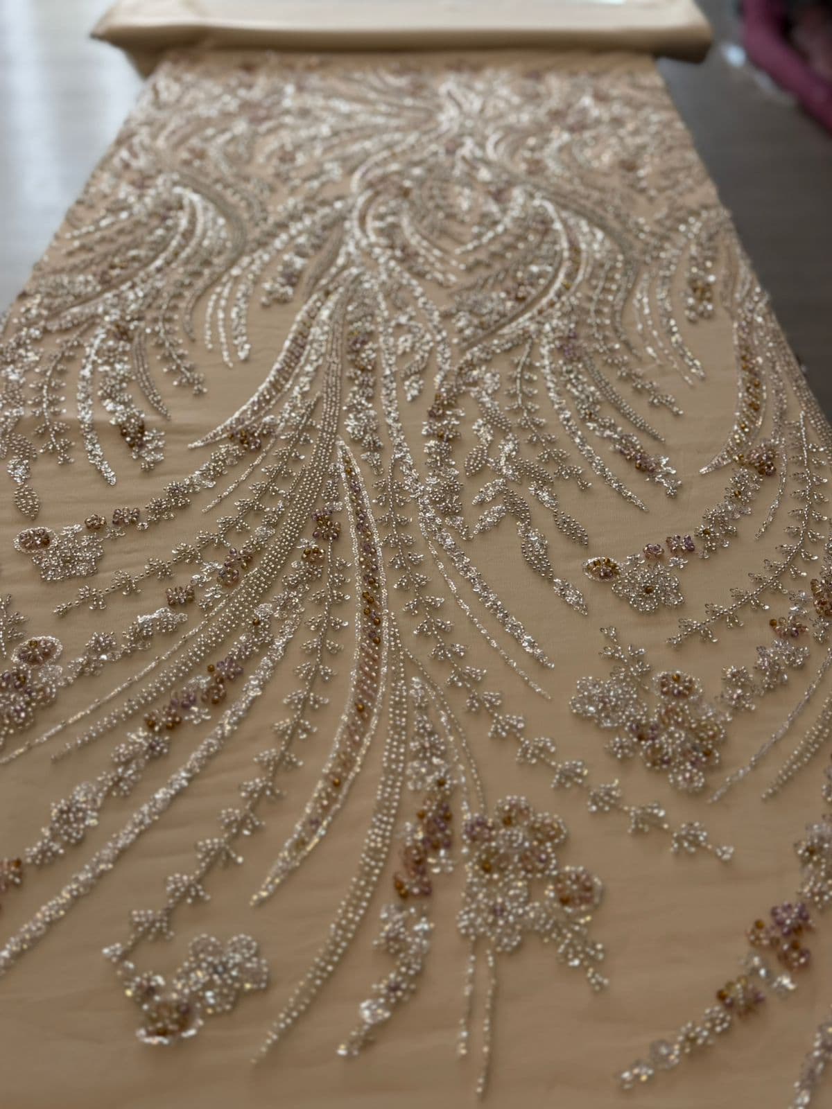 Floral beaded lace fabric