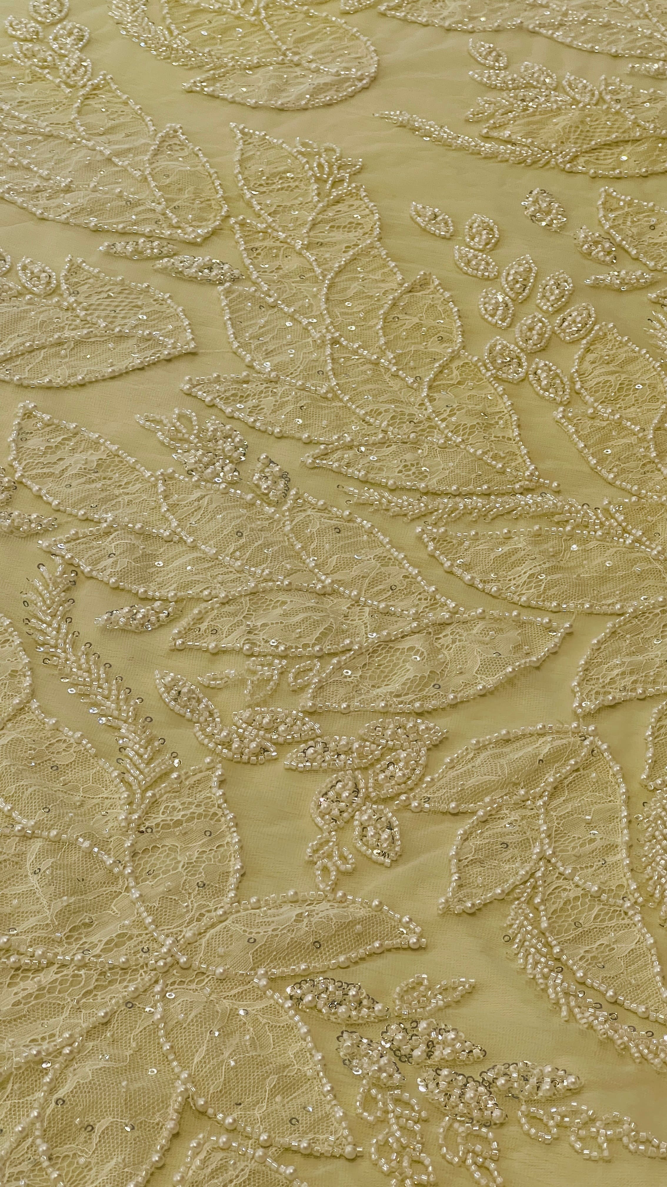 Beaded leaf lace tulle fabric